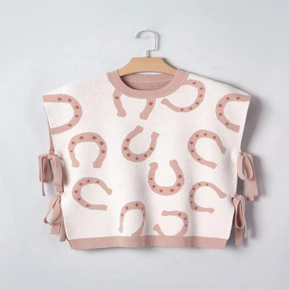 Horse Shoe Western Print Tied Side Cap Sleeve Knit Top - Dust Storm