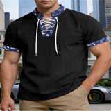 Men's Full-Size Lace-Up Collar T-Shirt Plus Size - Black