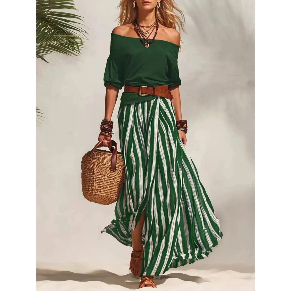 Off Shoulder Top and Striped Maxi Skirt Set - Navy
