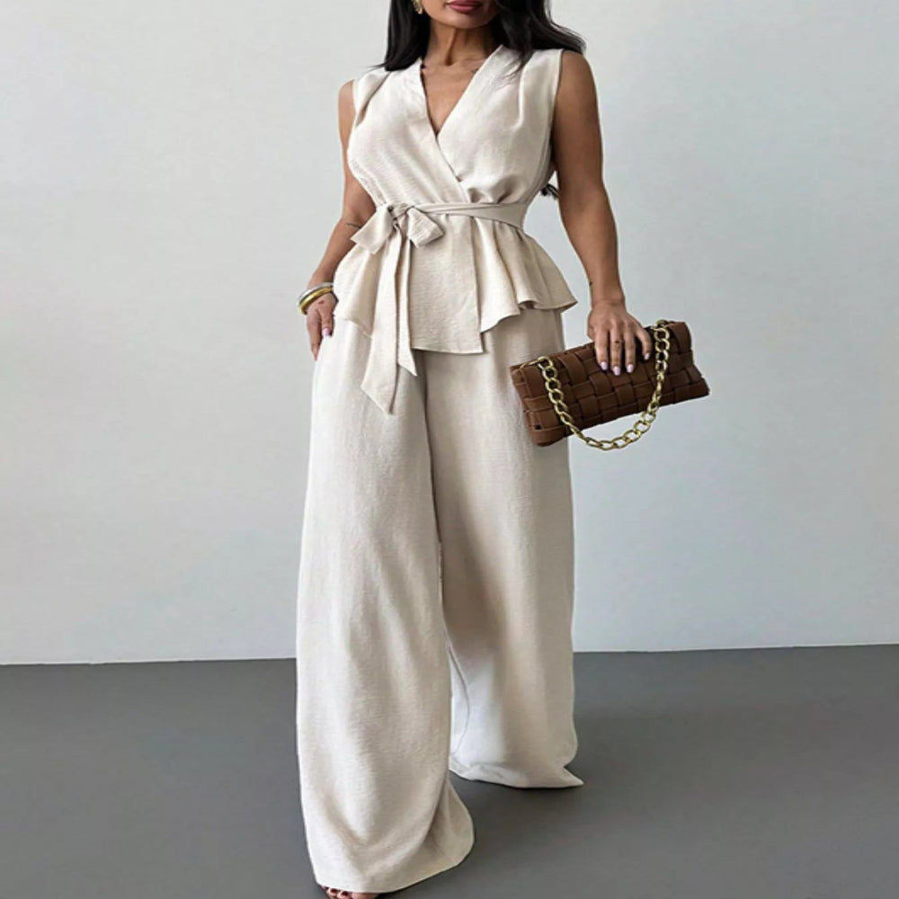 Sleeveless Top and Wide-Leg Pants Set - White