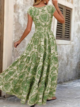 Full Size Printed V-Neck Tiered Maxi Dress Plus Size - Green