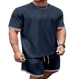 Men's Full Size Striped Short Sleeve Tee and Shorts Set Plus Size - Red