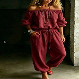 Full Size Off-Shoulder Top and Pants Set Plus Size - White