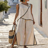 Contrast Trim Top and Slit Pants Set - Apricot