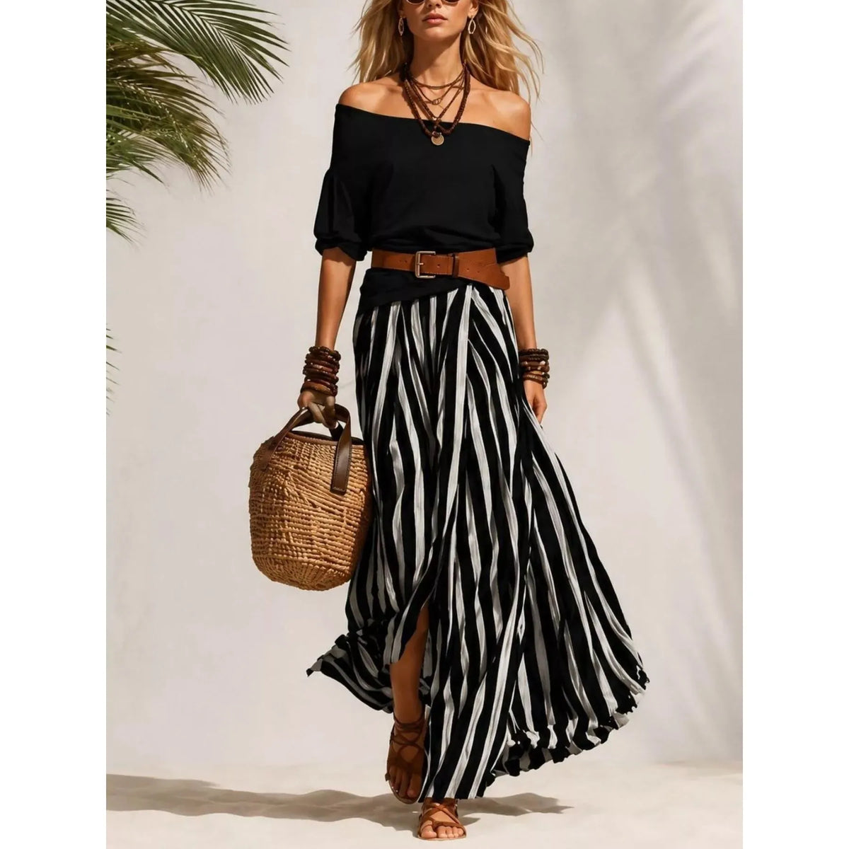Off Shoulder Top and Striped Maxi Skirt Set - Navy