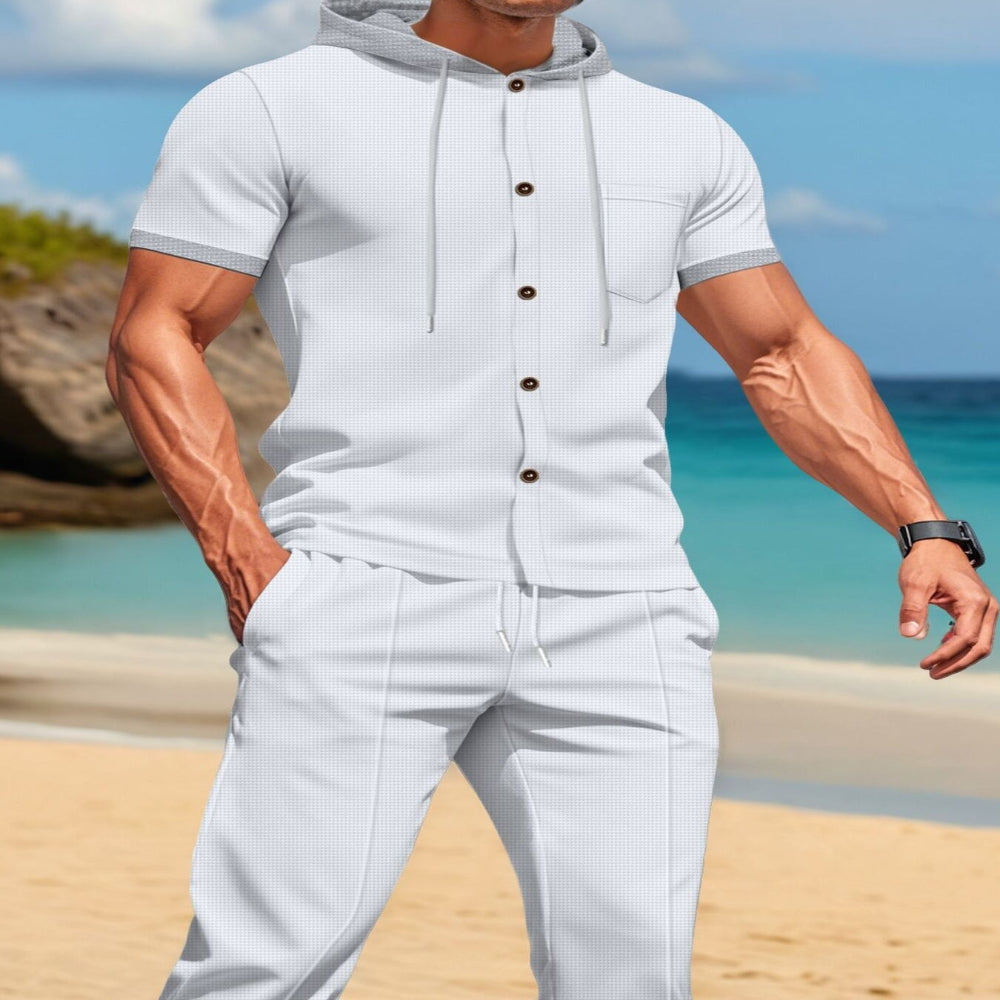 Men's Full Size Short-Sleeve Hooded Top and Shorts Set Plus Size - Grey
