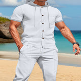 Men's Full Size Short-Sleeve Hooded Top and Shorts Set Plus Size - Grey