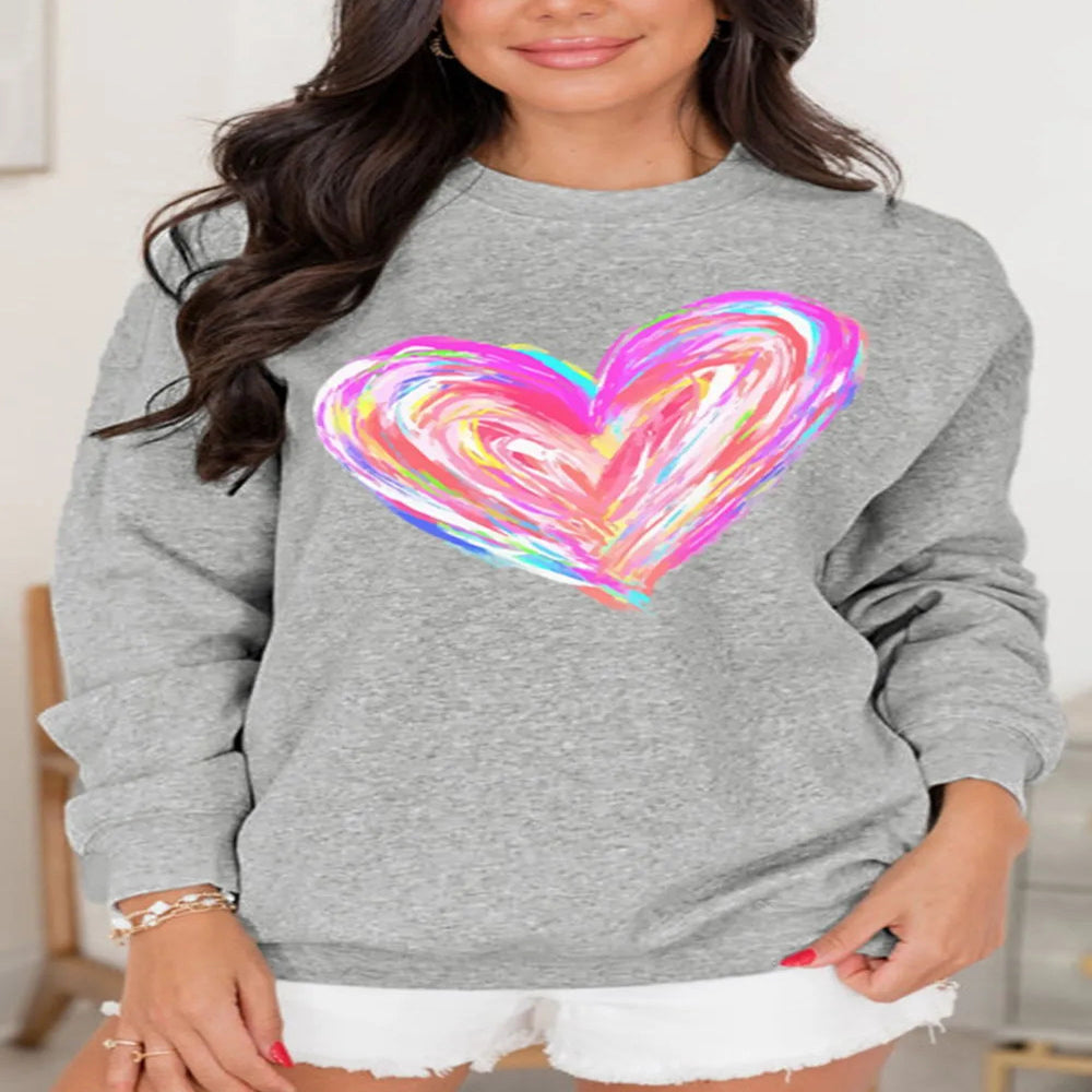 Valentine's Day Heart Round Neck Drop Shoulder Sweatshirt - Gray