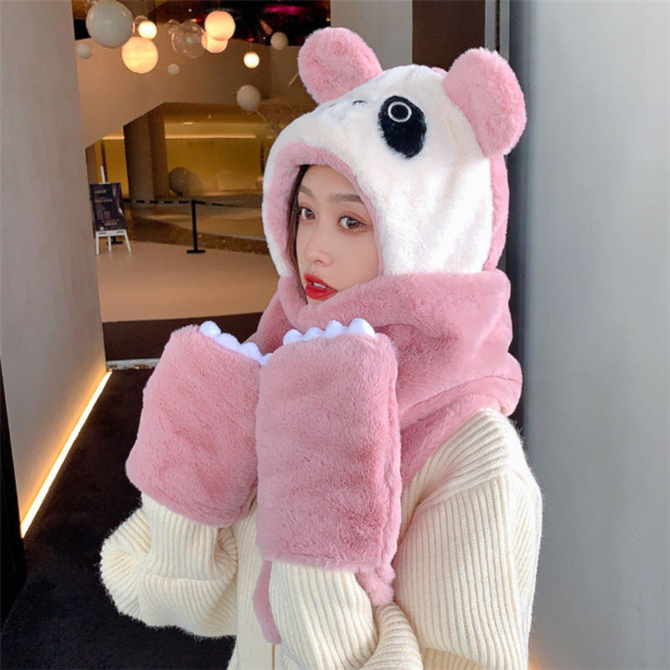 Women's winter hat, scarf, and gloves 3-piece set with soft warm knit fabric and cute bear design for cold weather.