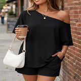 Full Size One Shoulder Top and Shorts Set Plus Size - Blue