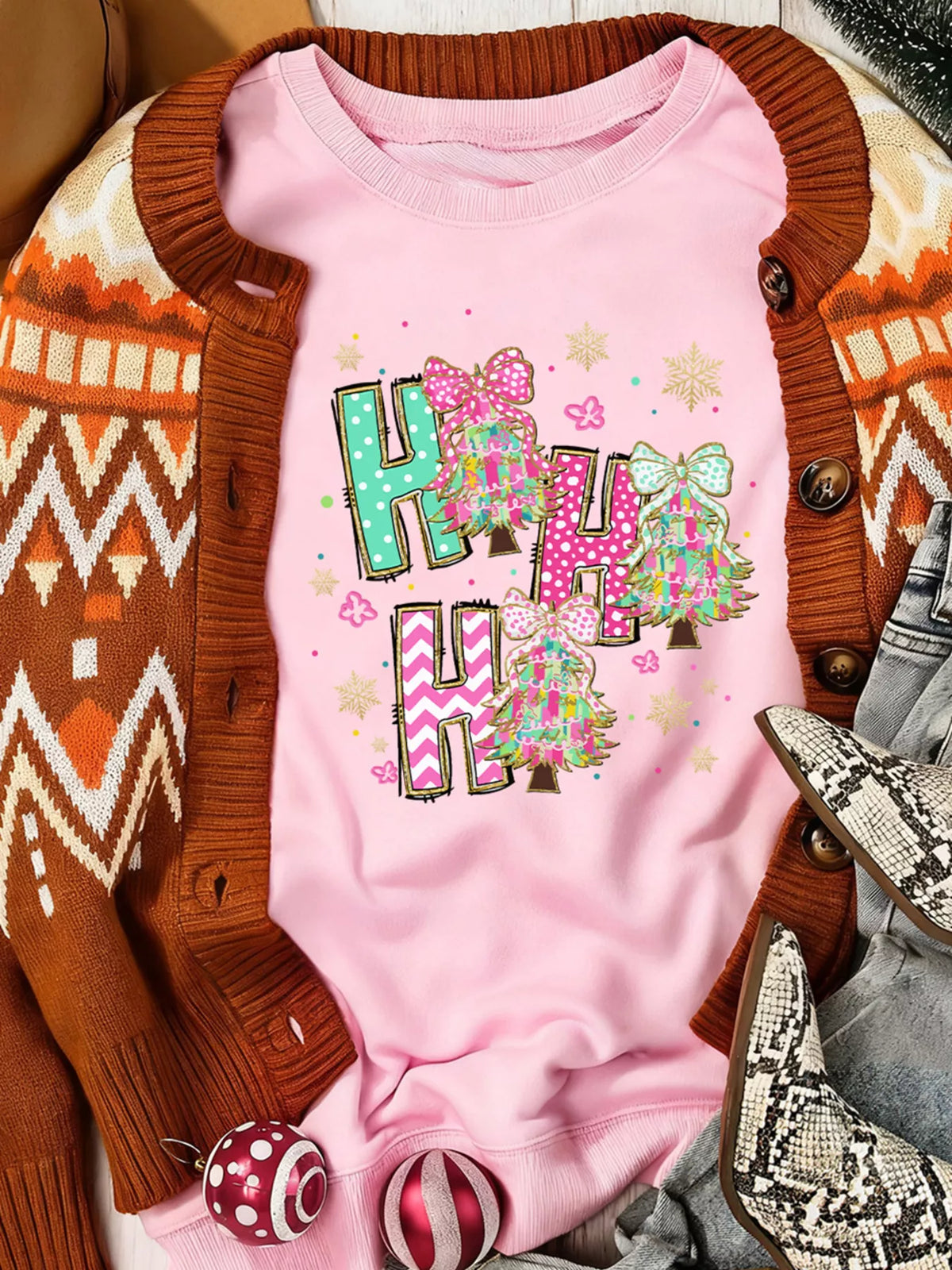HO HO Christmas Tree Graphic Pullover Sweatshirt - Blush Pink