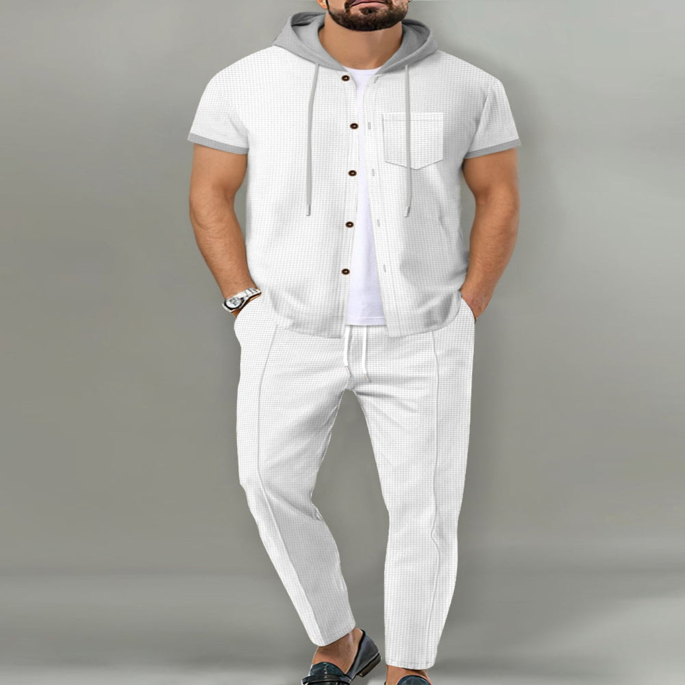 Men's Full Size Short-Sleeve Hooded Top and Shorts Set Plus Size - Black