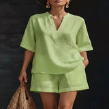 Full Size Notched Half Sleeve Top and Shorts Set Plus Size - White