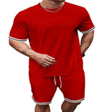 Men's Full Size Striped Short Sleeve Tee and Shorts Set Plus Size - Black