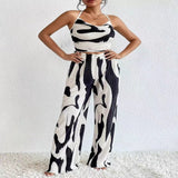 Abstract Print Halter Neck Crop Top and Wide Leg Pants Set - Black