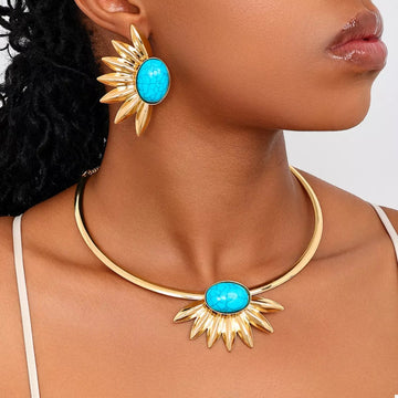 Turquoise Sunflower Necklace And Earrings Jewelry Set - Gold