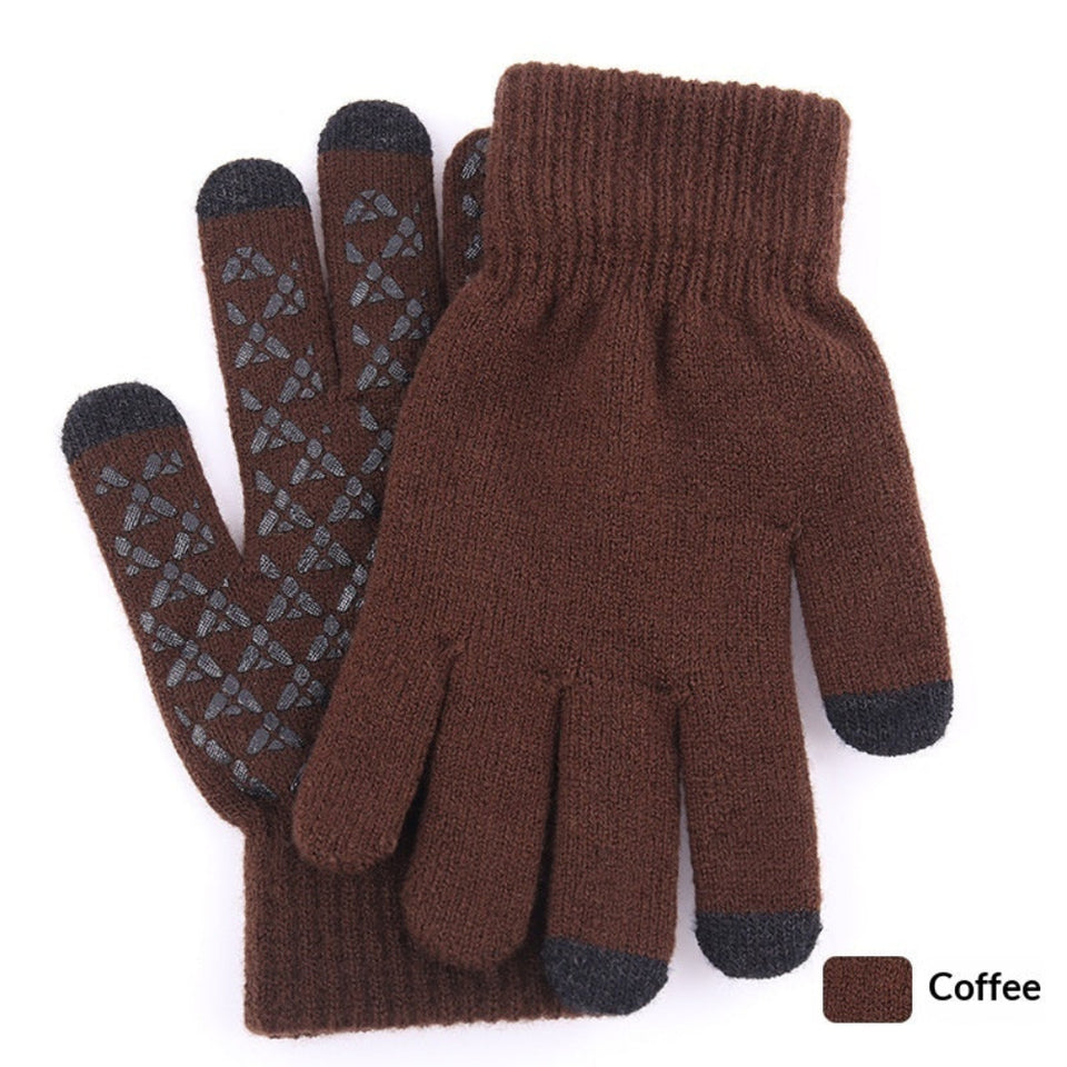 Knitted winter touchscreen wool gloves for men and women with warm soft fabric for cold-weather use.