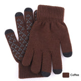 Knitted winter touchscreen wool gloves for men and women with warm soft fabric for cold-weather use.