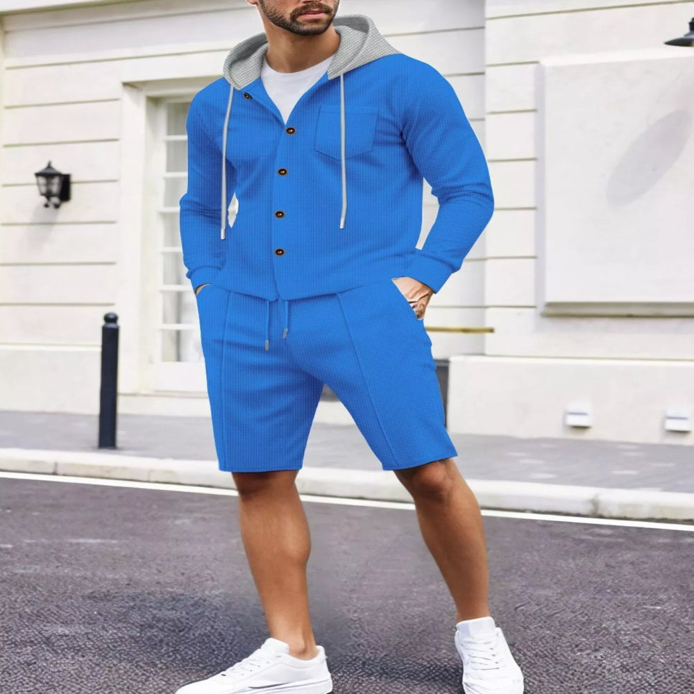 Men's Full Size Casual Hooded Button-Up Top and Shorts Set Plus Size - Black