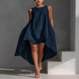 High-Low Round Neck Sleeveless Dress - White
