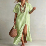 Full Size Striped Maxi Dress with Side Slit Plus Size - Light Blue