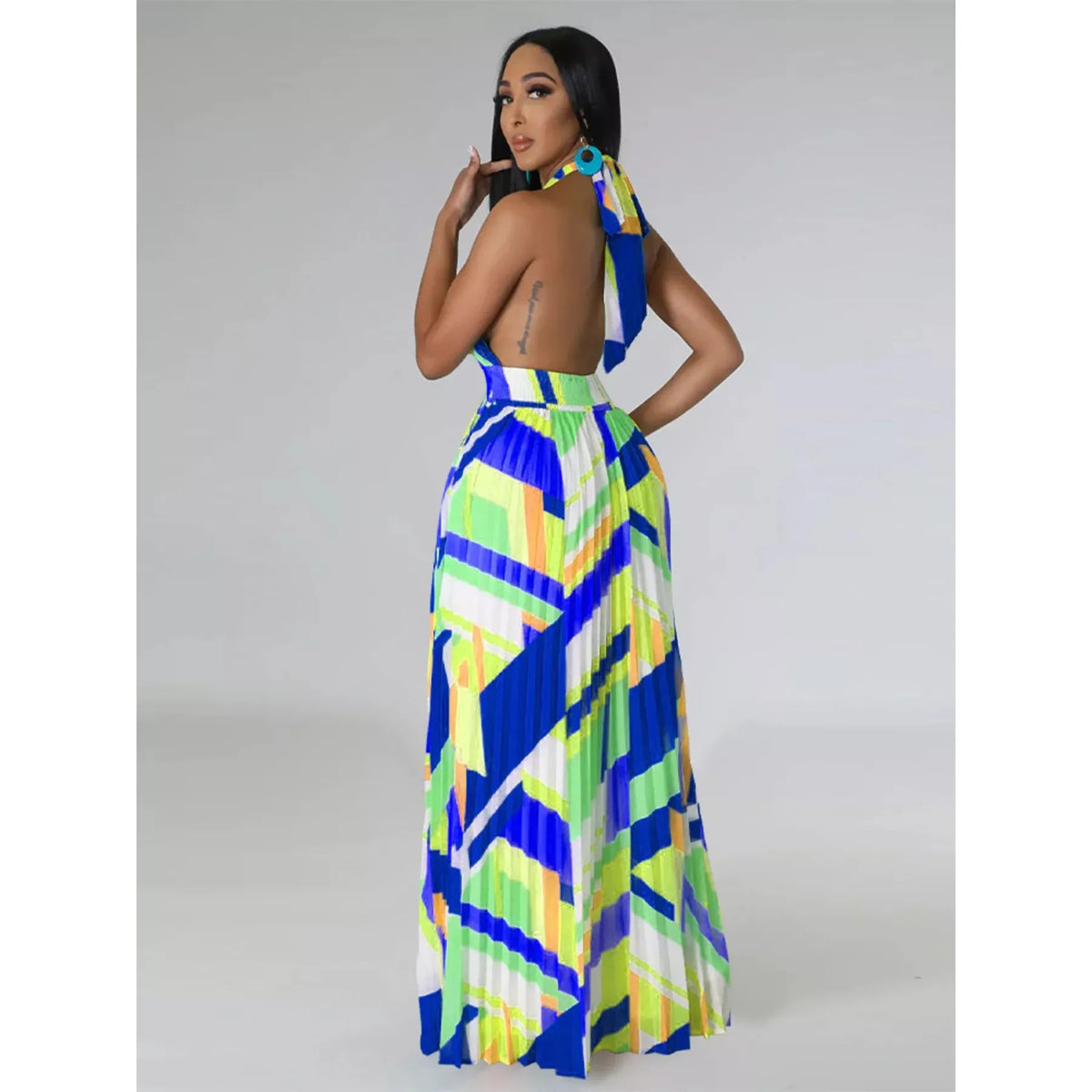 Halter Neck Geometric Print Pleated Maxi Dress - Red