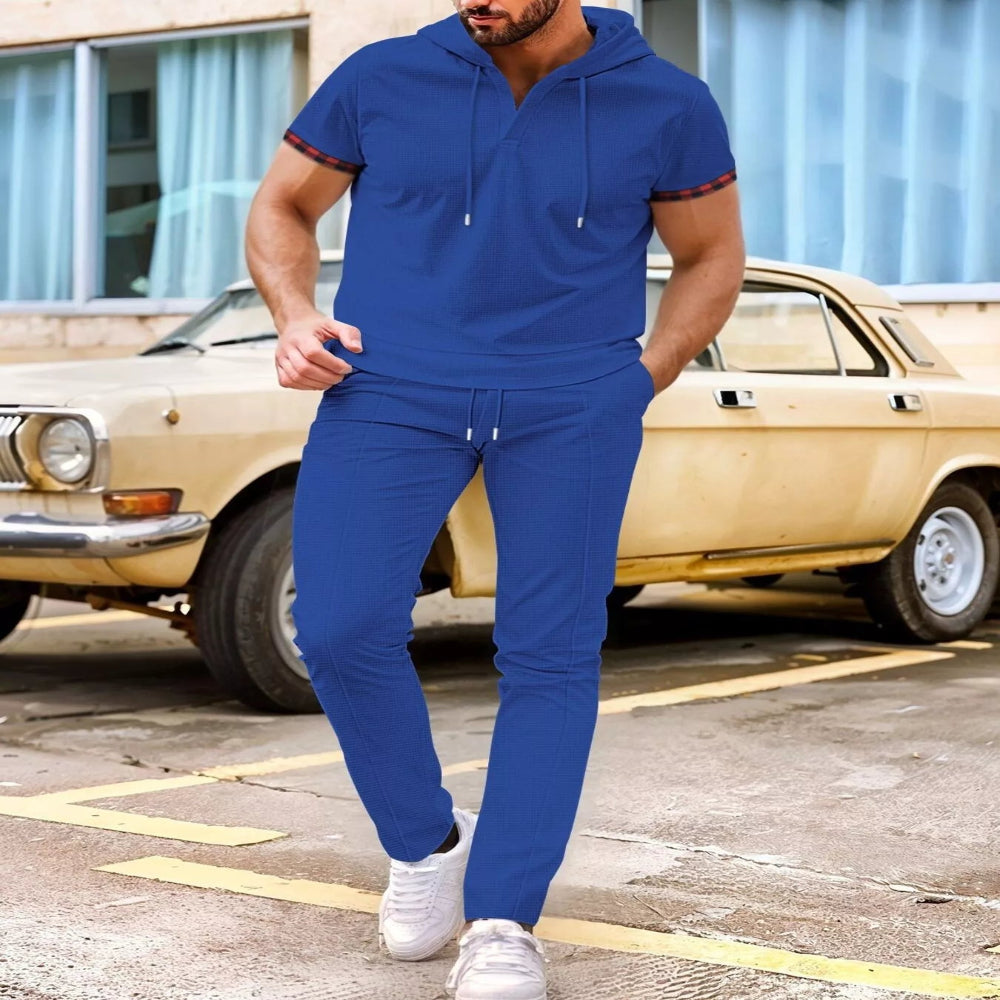 Men's Full Size Casual Short-Sleeve Hoodie and Pants Set Plus Size - Black