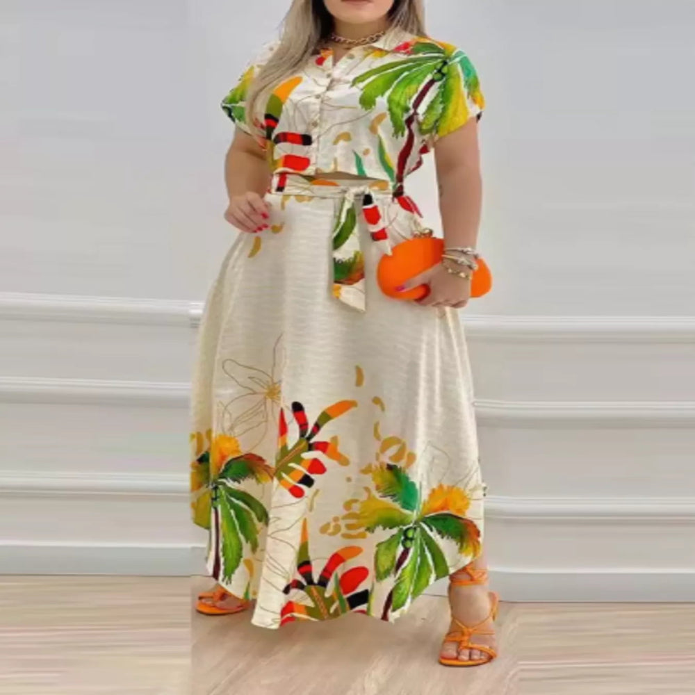 Tropical Print Button-Up Crop Top and Maxi Skirt Set - Floral