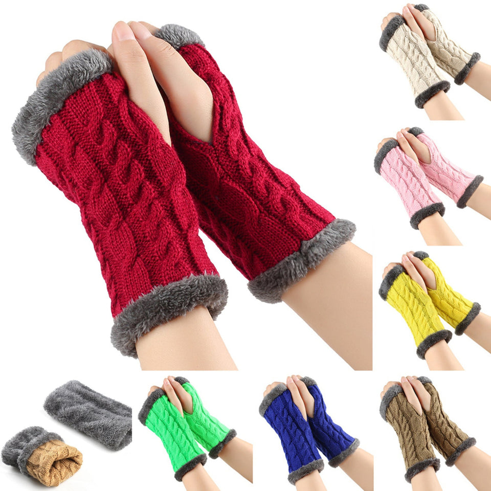 Women's knitted fingerless plush winter gloves with soft fleece lining.