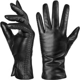 Women's warm leather winter gloves with soft insulated lining.