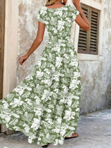 Full Size Printed V-Neck Tiered Maxi Dress Plus Size - Green