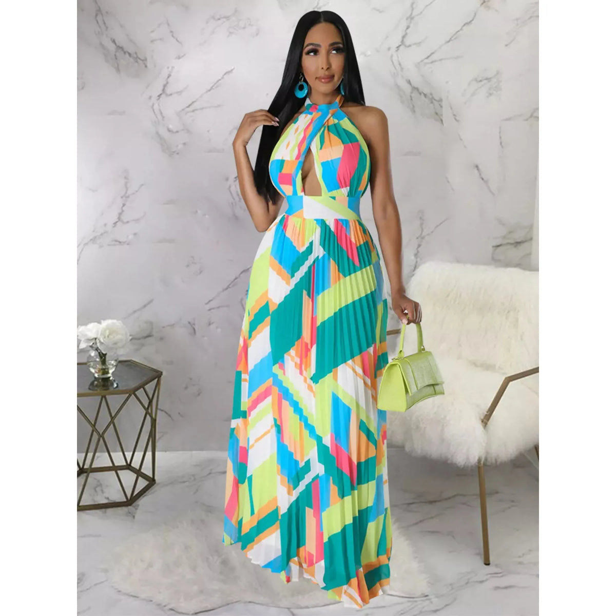 Halter Neck Geometric Print Pleated Maxi Dress - Green