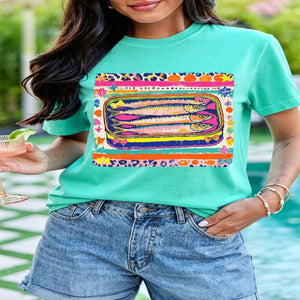 Women's sardine can graphic T-shirt with a fun vintage-inspired print.