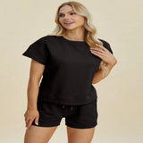Double Take Full Size Texture Short Sleeve Top and Shorts Set - Khaki