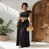 One-Shoulder Top and Ruched Maxi Skirt Set - Black
