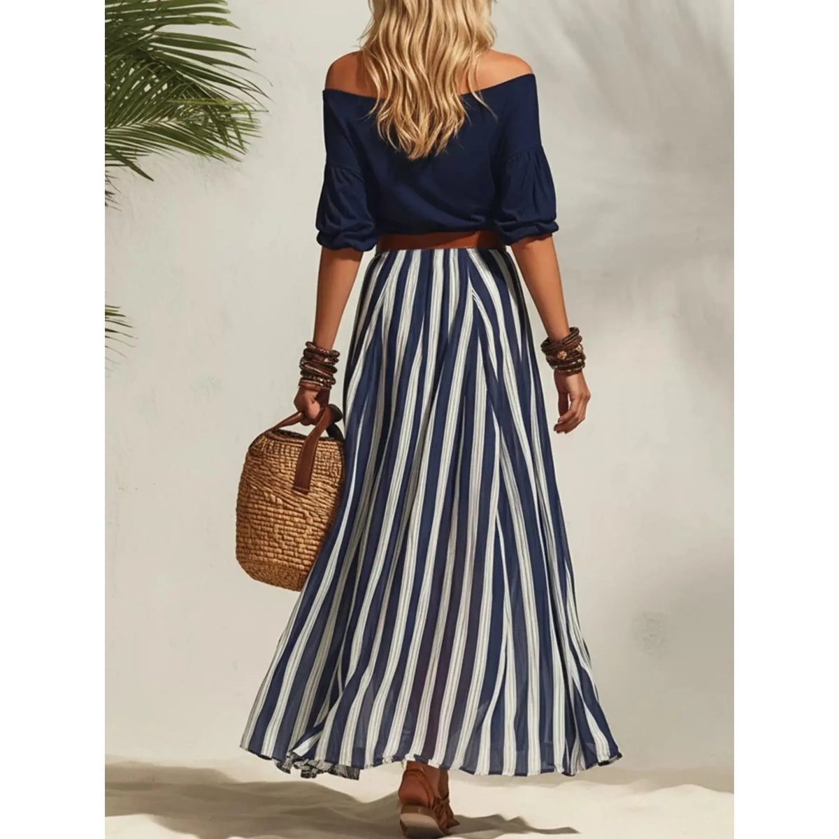 Off Shoulder Top and Striped Maxi Skirt Set - Navy