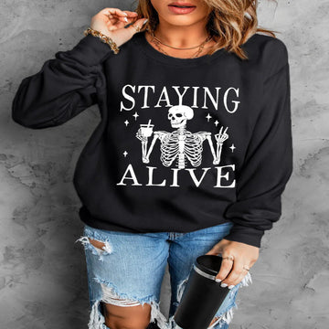Skull Graphic Round Neck Long Sleeve Sweatshirt - Black