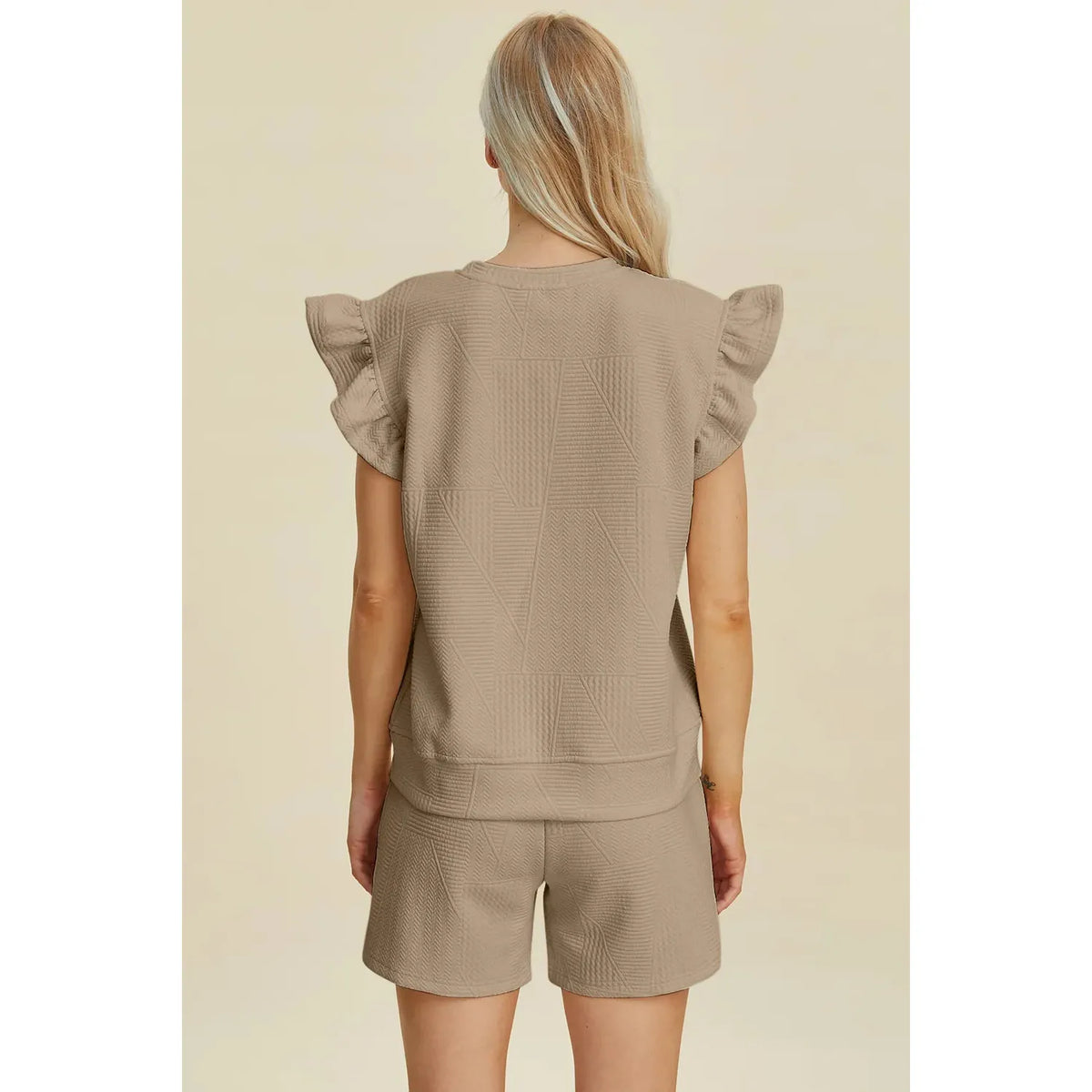 Double Take Full Size Texture Round Neck Ruffle Sleeve Top and Shorts Set - Khaki