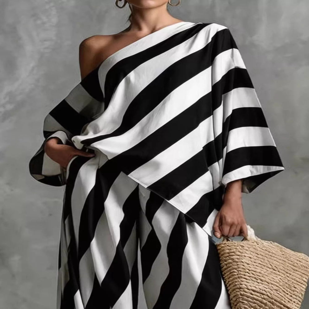 Full Size One-Shoulder Striped Top and Wide-Leg Pants Set Plus Size - Black