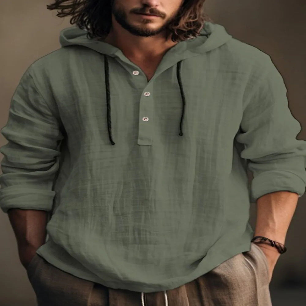 Men's Full Size Half Button Long Sleeve Hoodie - Ivory