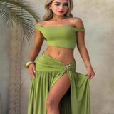 Women's Off-Shoulder Top and Split Skirt Two-Piece Set - White