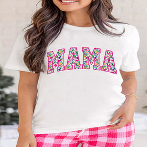 Women's plus-size floral mama graphic short-sleeve T-shirt for casual everyday wear.