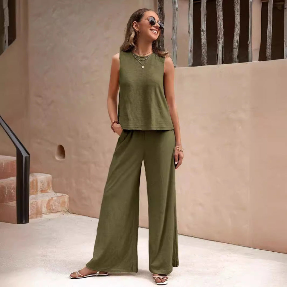 Women's casual two-piece outfit with sleeveless top and wide-leg pants set