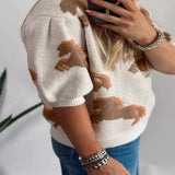 Western Horse Short Puff Sleeve Sweater - Beige