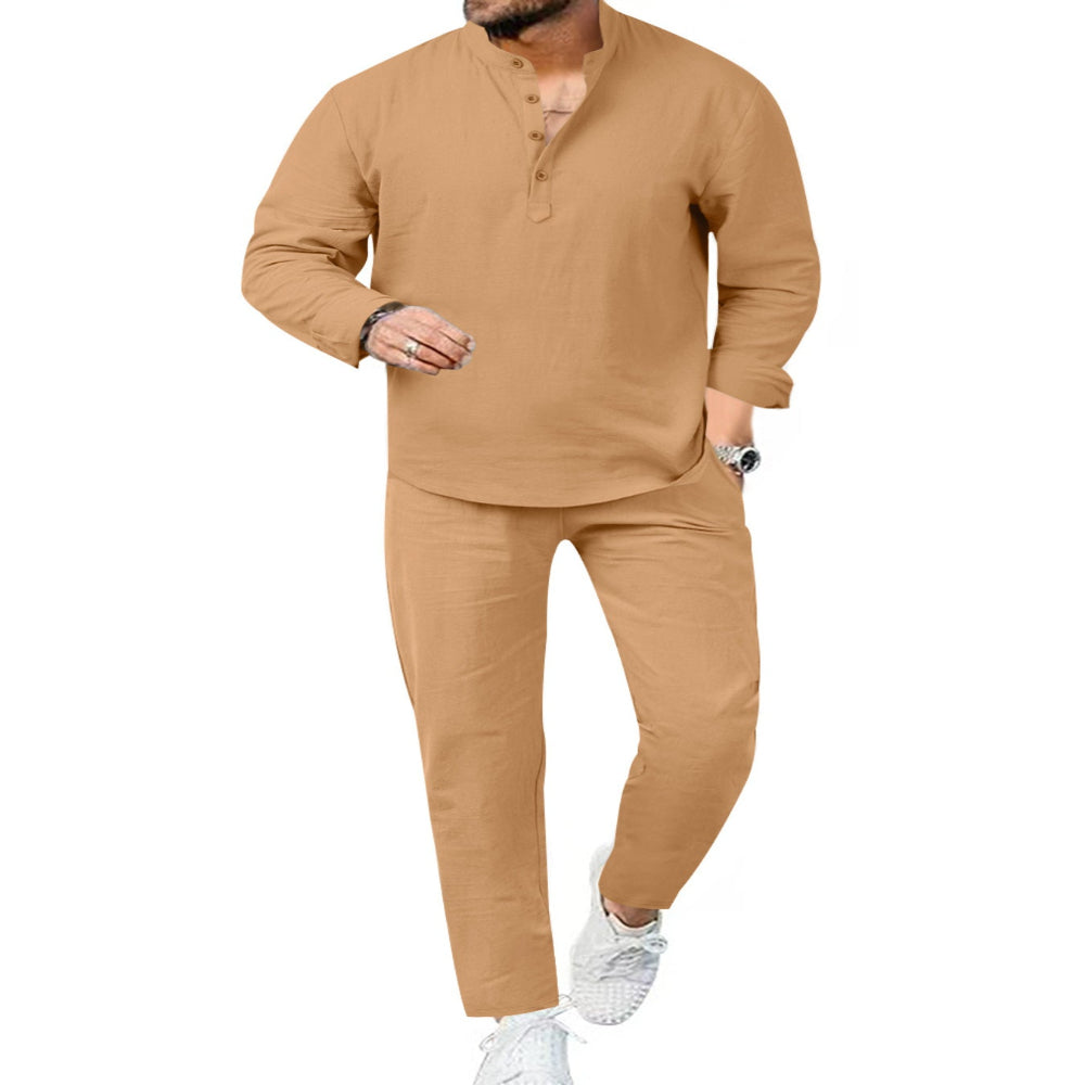 Men's Full Size Casual Long Sleeve Shirt and Pants Set Plus Size - Army Green
