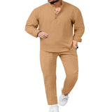 Men's Full Size Casual Long Sleeve Shirt and Pants Set Plus Size - Army Green