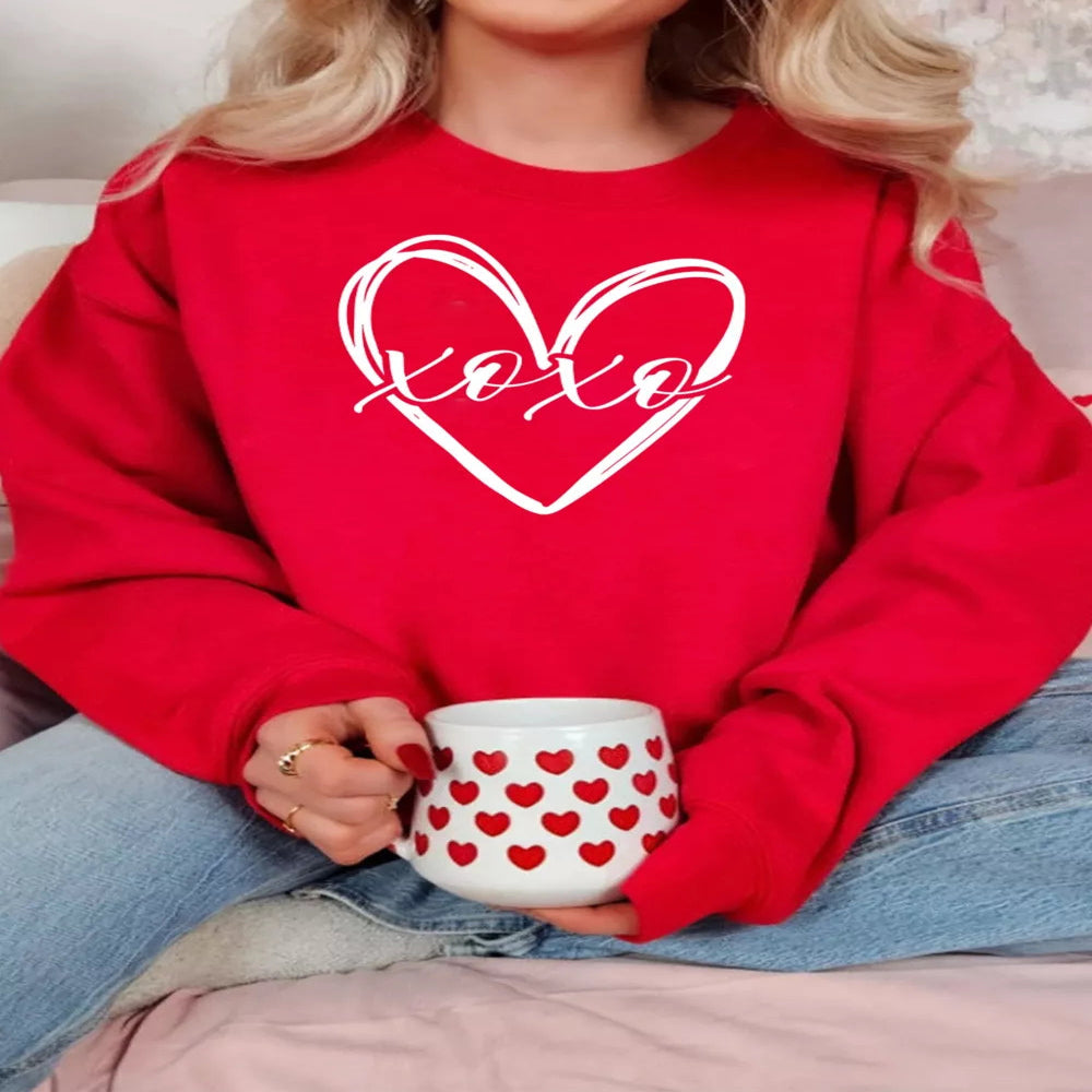 XOXO Valentine's Heart Sketch Printed Pullover Sweatshirt - Scarlet