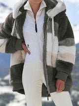 Multicolor patchwork hooded short fashion jacket - Khaki