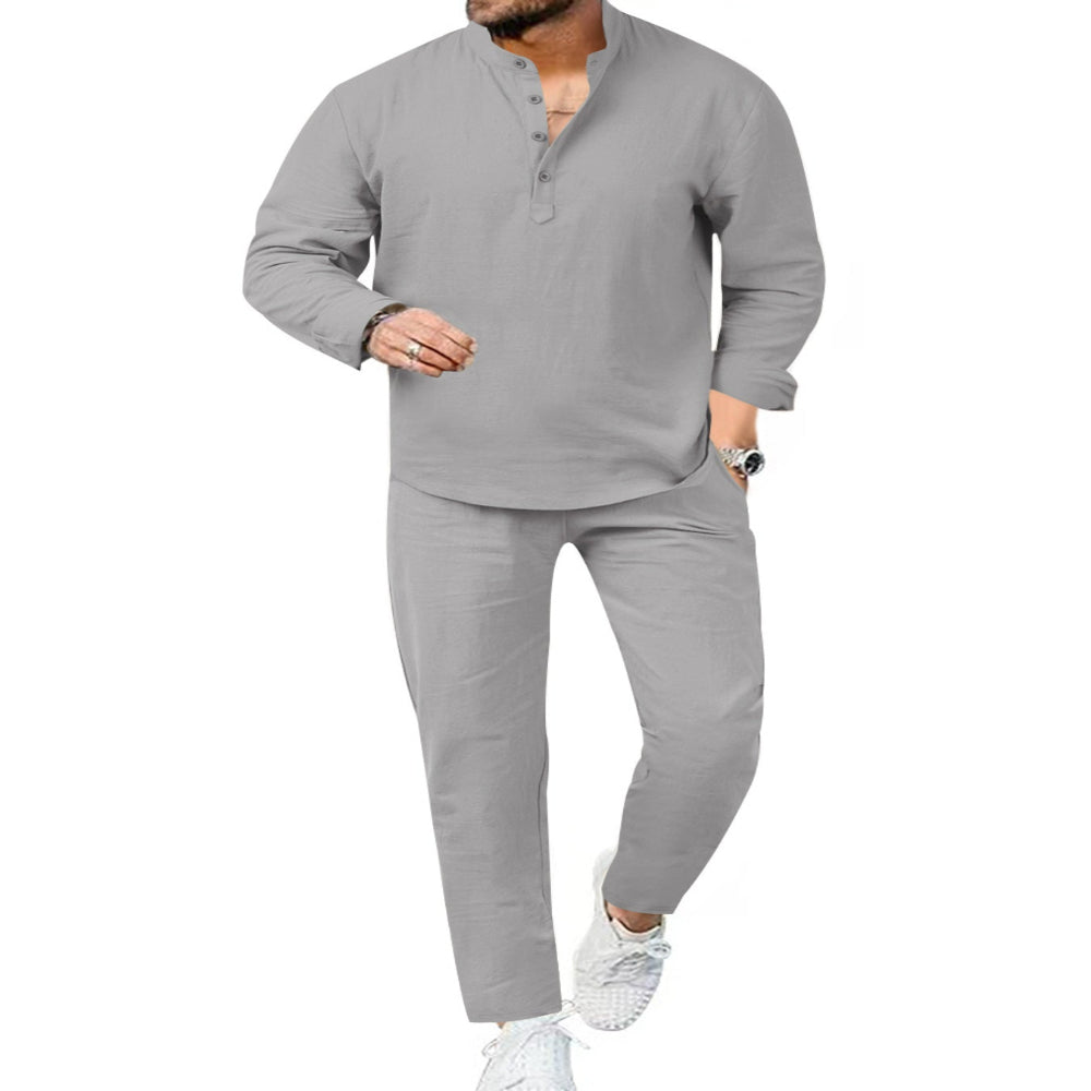 Men's Full Size Casual Long Sleeve Shirt and Pants Set Plus Size - Army Green