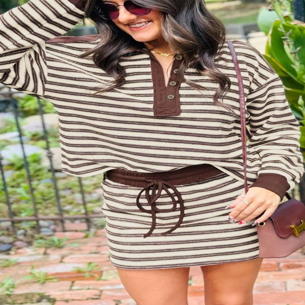 Stripe Contrast Trim Button Neck Long Sleeve Top Drawstring Mini Skirt Set - Coffee Brown